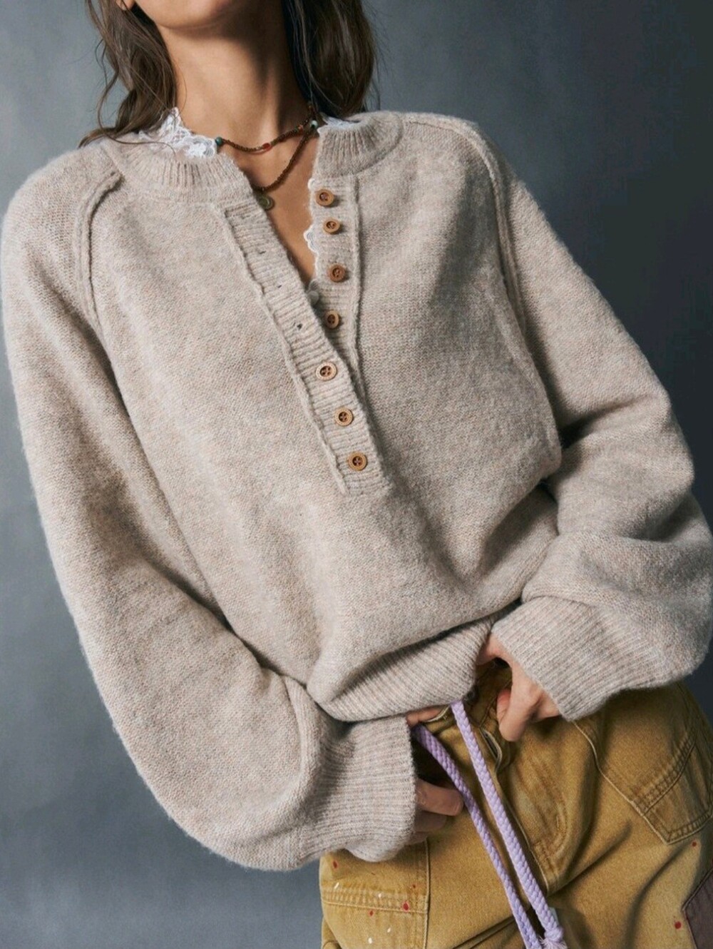 Half Button Drop Shoulder Sweater Brunch Picnic Everyday Travel Beige Autumn
